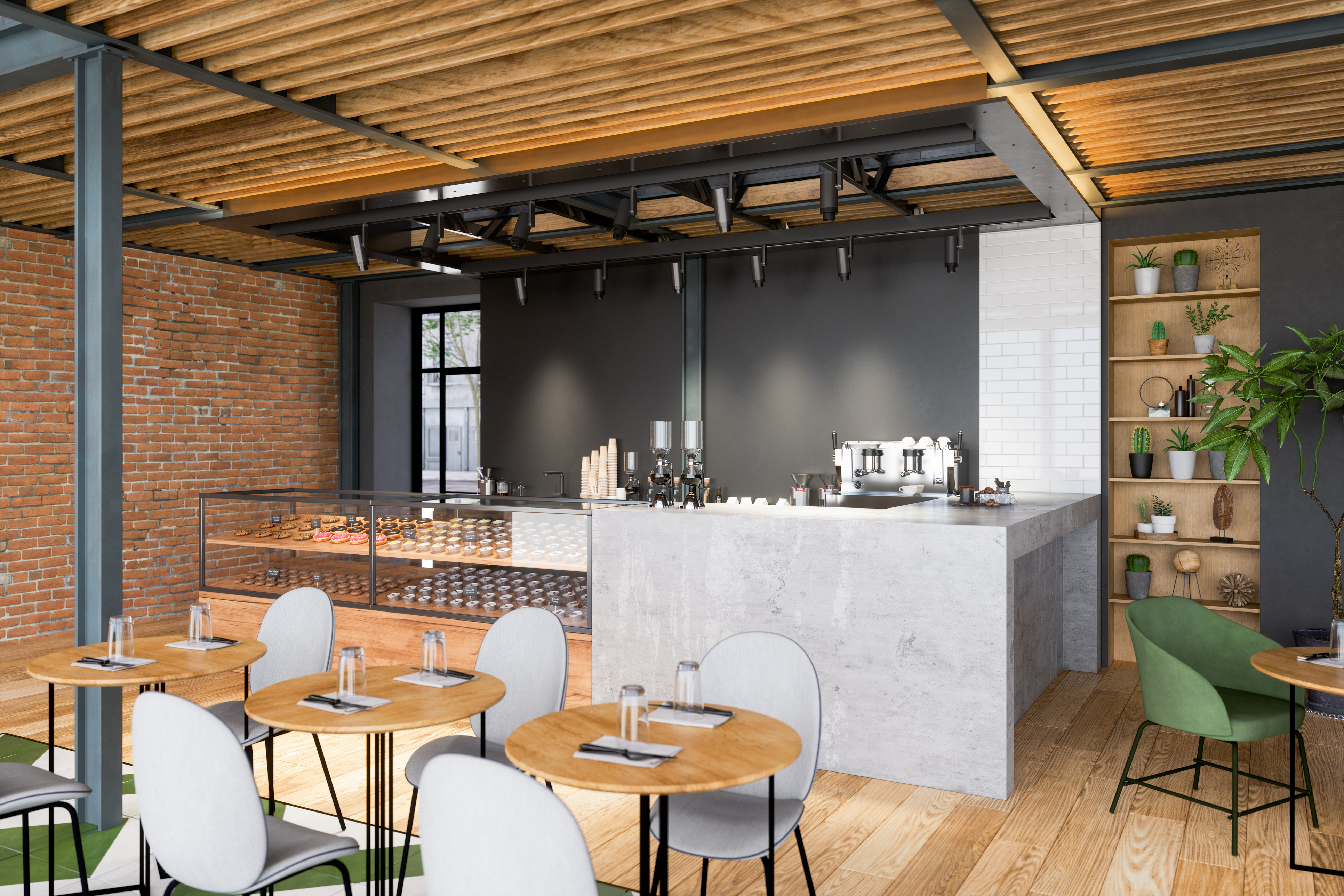 Interior of a boutique bakery and coffee shop.