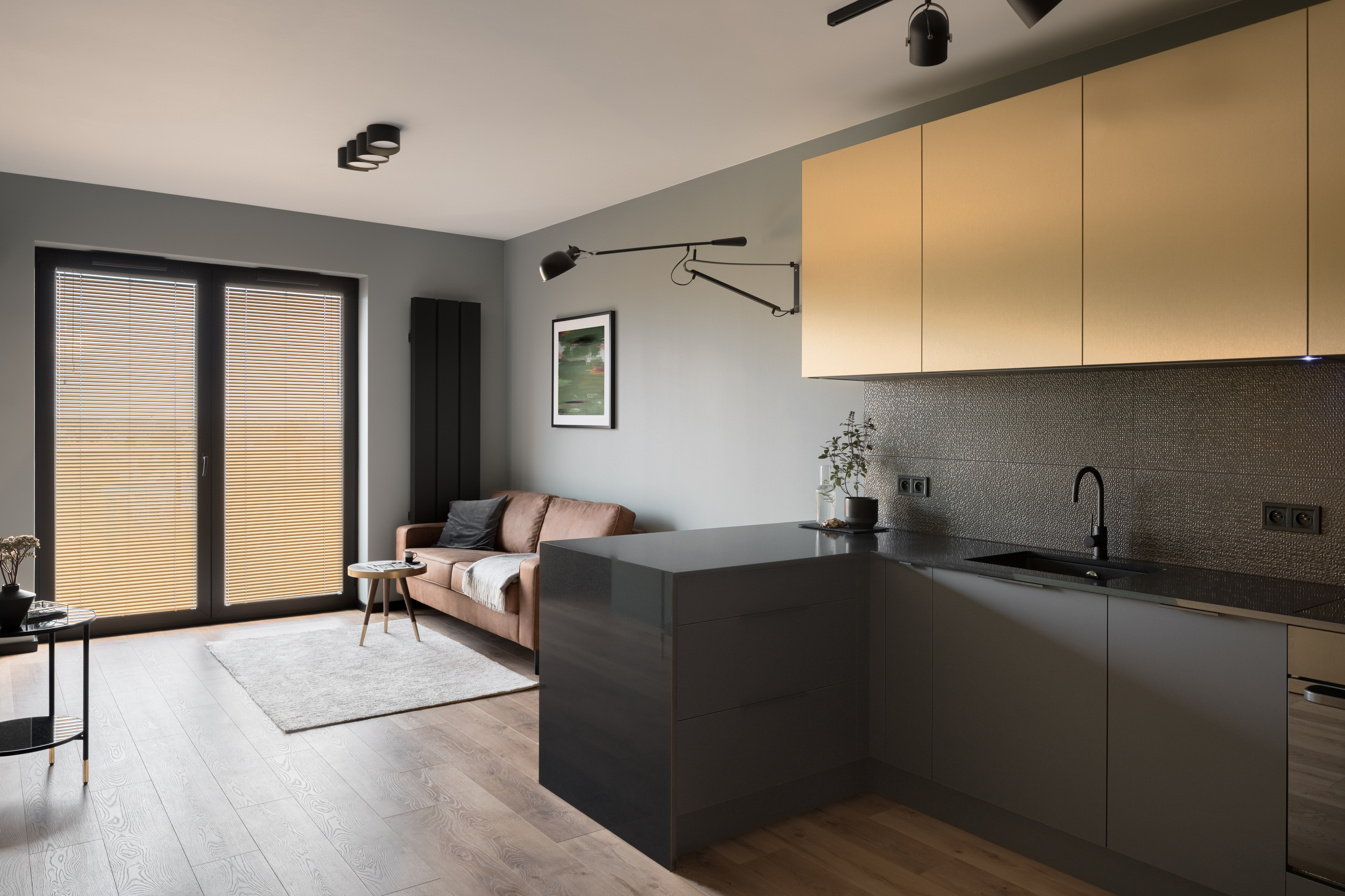 Contemporary apartment with stylish furniture and living room open to kitchen